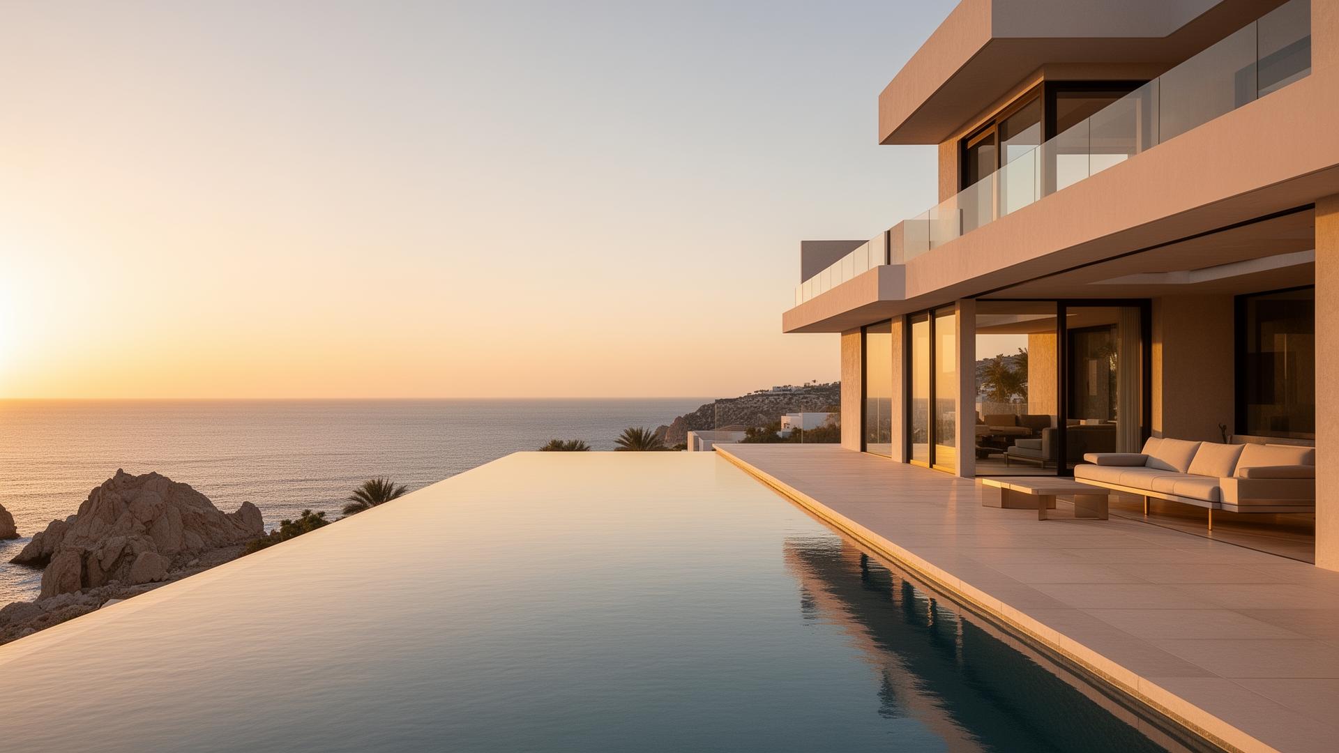Villa de lujo frente al mar en Los Cabos al atardecer